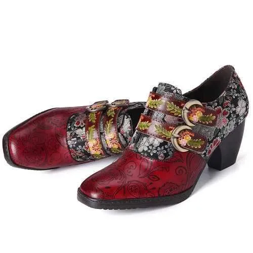 Retro Flower Embossed Leather Pumps