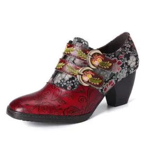 Retro Flower Embossed Leather Pumps