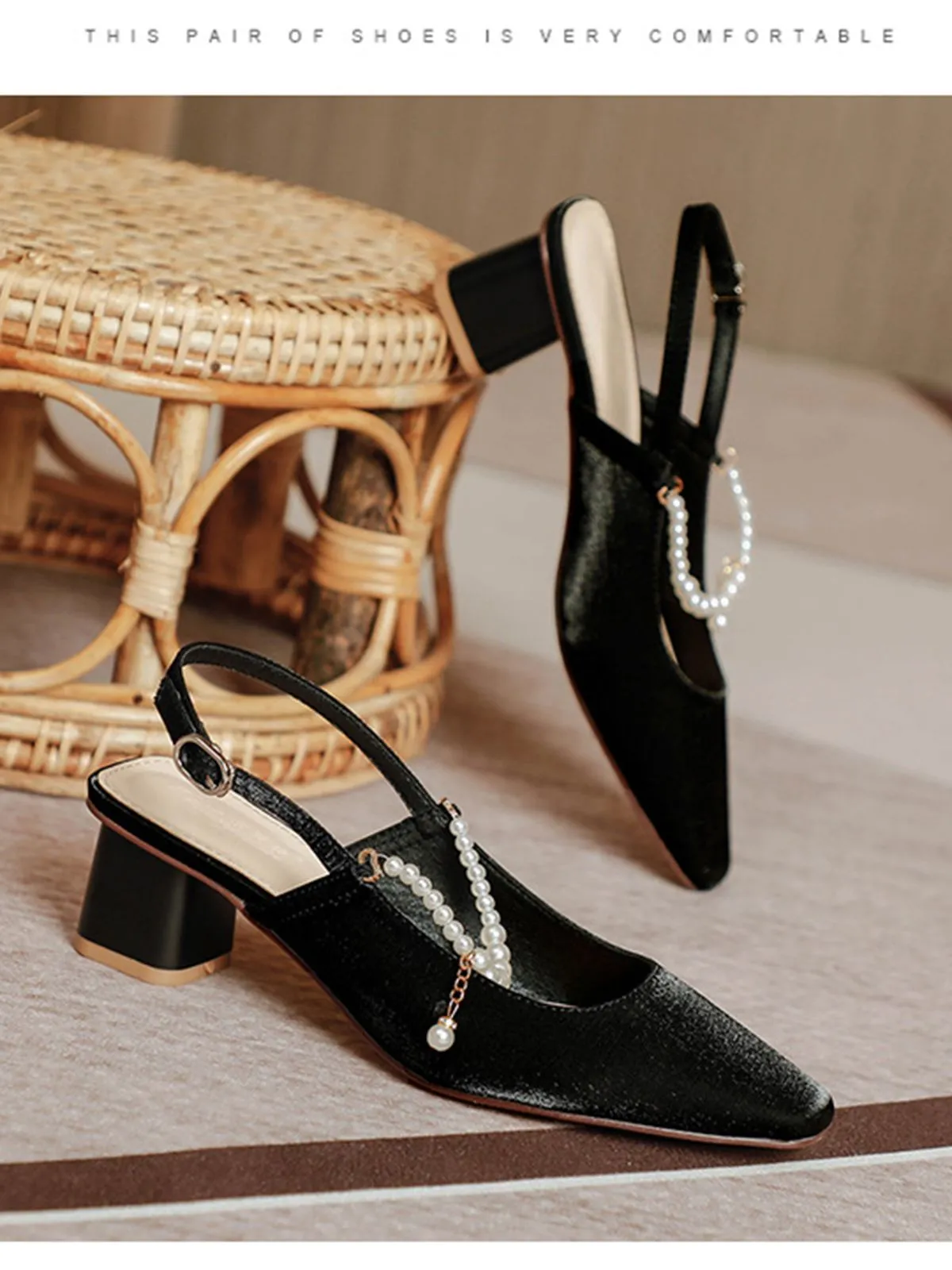 Retro Pearl Open Heel Black Chunky Heels Shoes