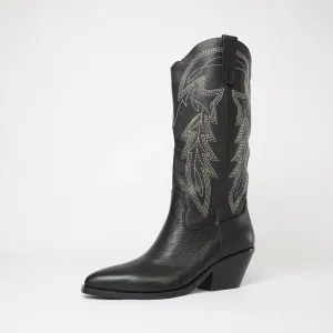 Riding Black Leather/ Gold Embroidery Knee High Boots