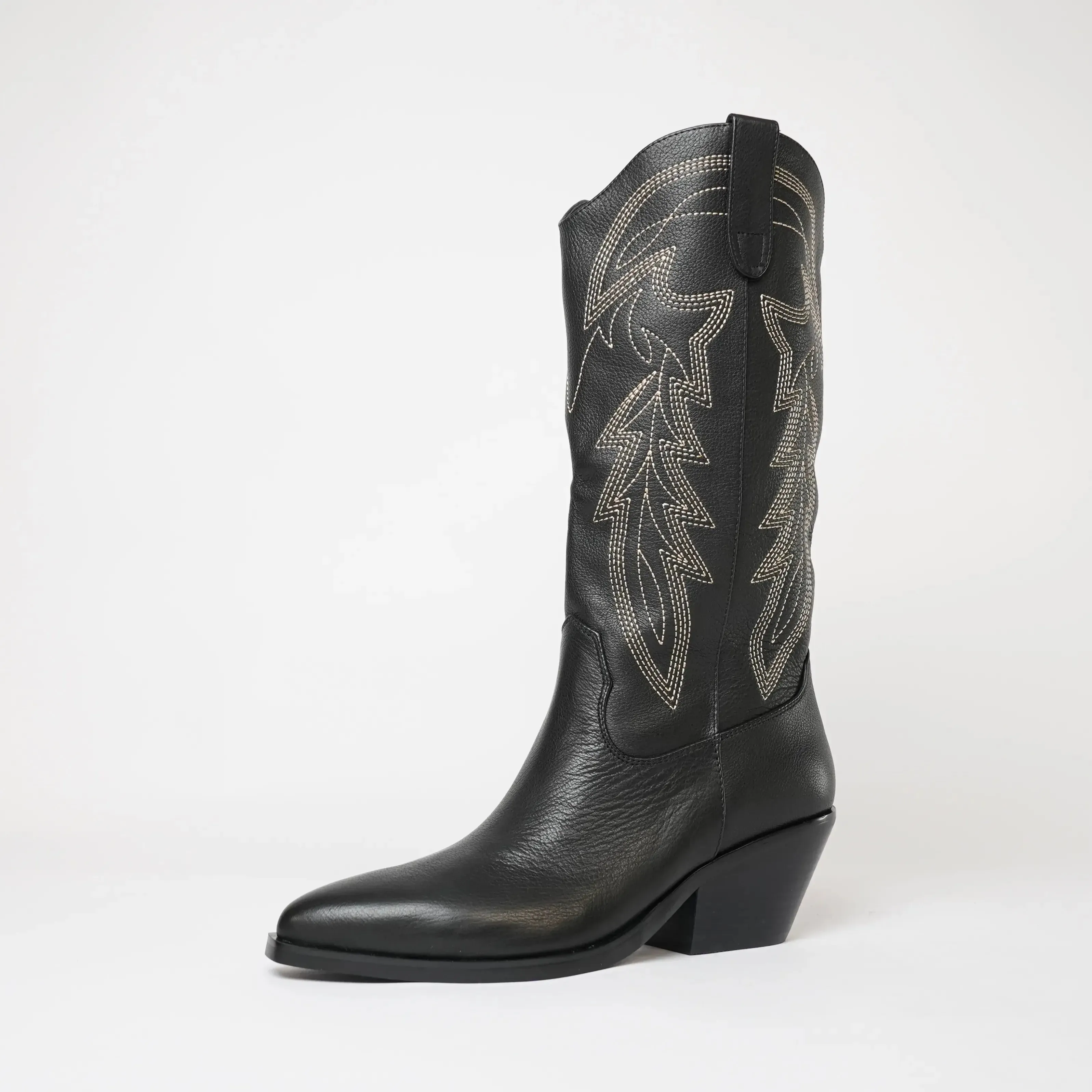 Riding Black Leather/ Gold Embroidery Knee High Boots