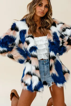 Ronan Faux Fur Multi-Print Coat Blue