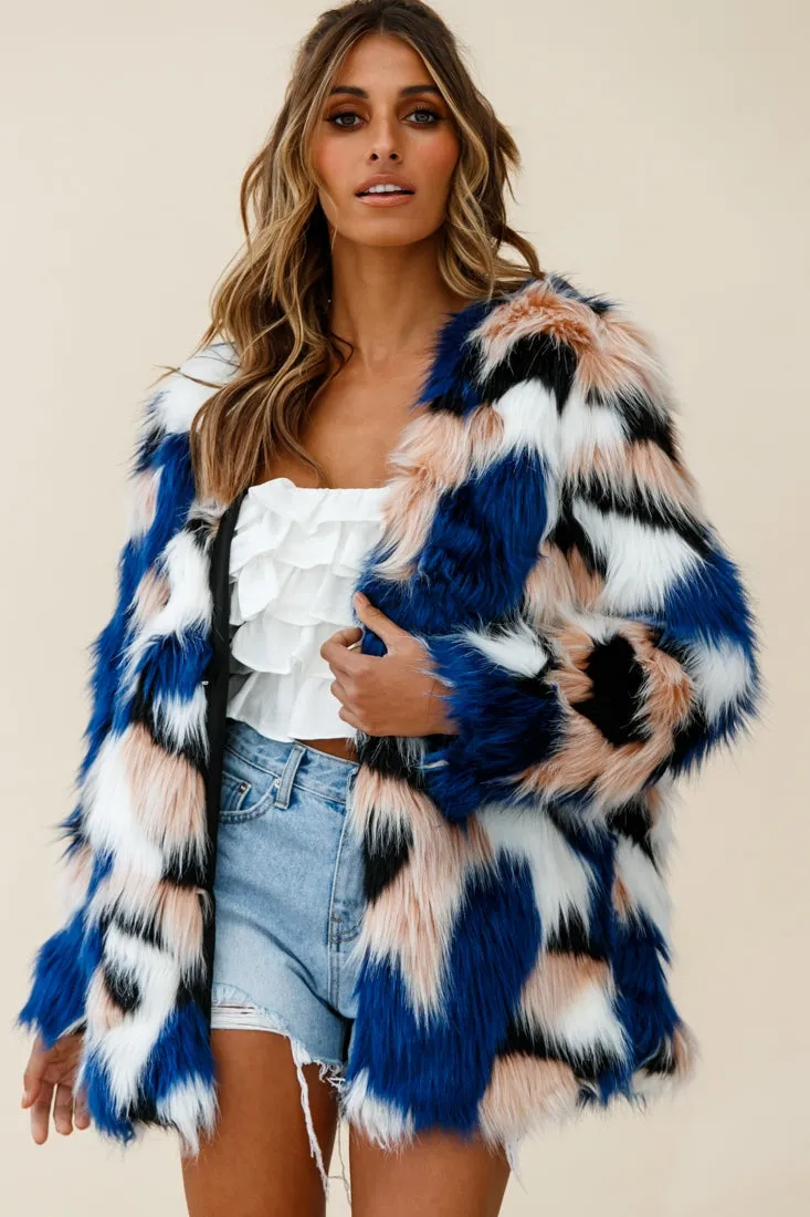 Ronan Faux Fur Multi-Print Coat Blue