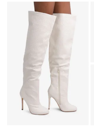 RONNIE Cream Off White Faux Leather Thigh High Boot - Half Zipper Closure