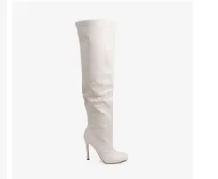 RONNIE Cream Off White Faux Leather Thigh High Boot - Half Zipper Closure