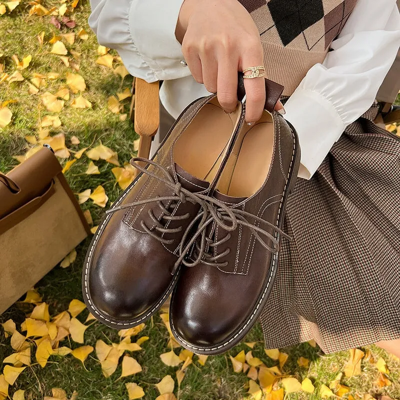 Round Toe Derby Shoes For Women Handmade Horse Leather in Brown/Black