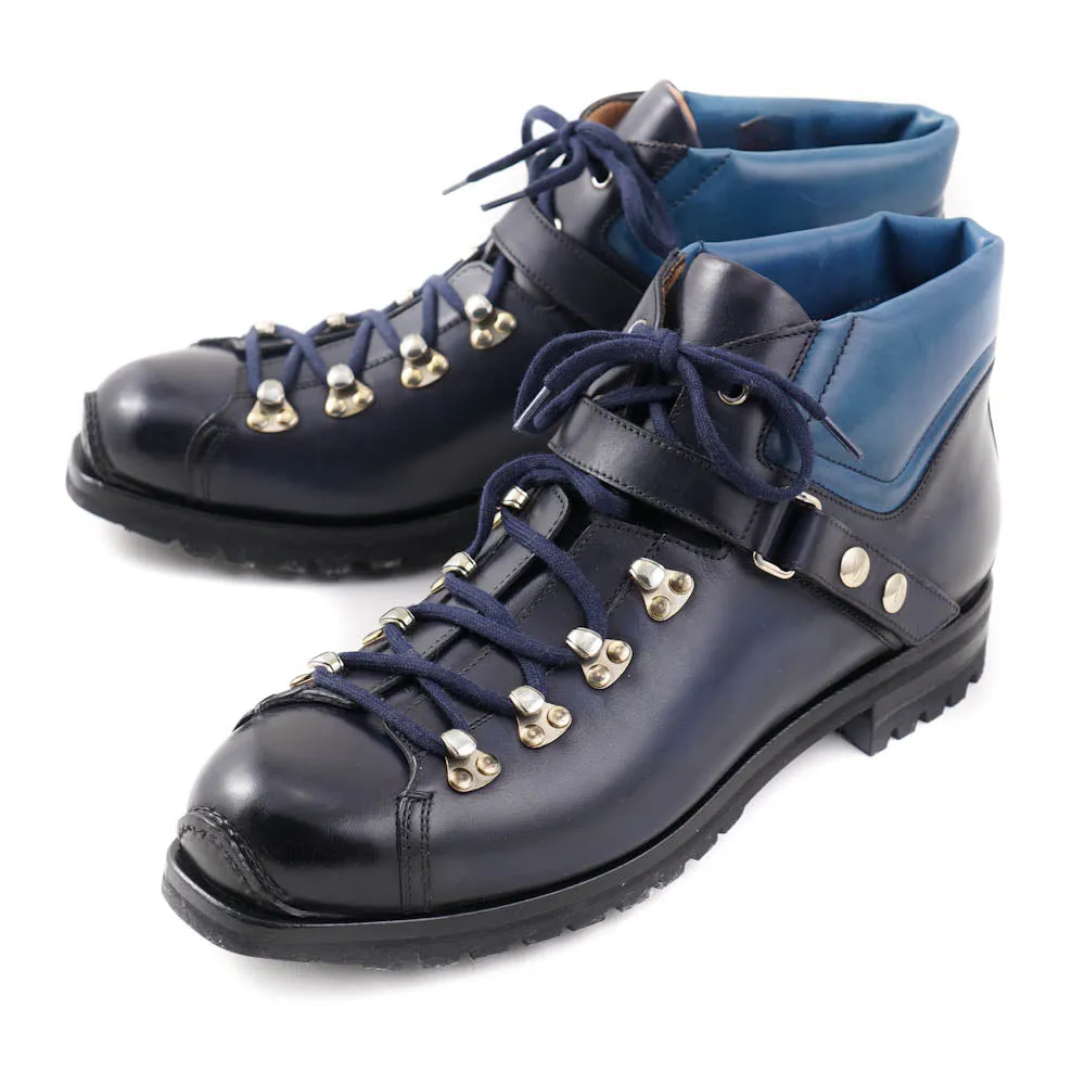 Santoni Calf Leather Hiking Boots in Navy Blue