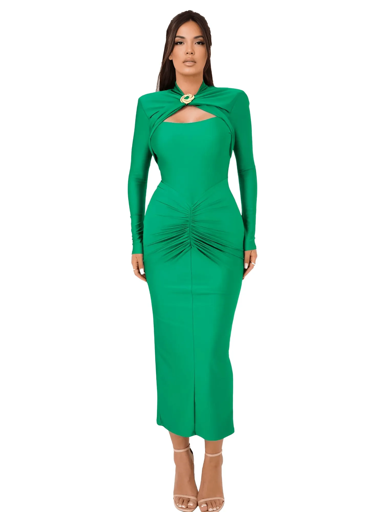 Sexy Long Sleeve Hollow Out Maxi Dress For Women Autumn Winter Metal Buckle Ruched Slit Long Dress Elegant