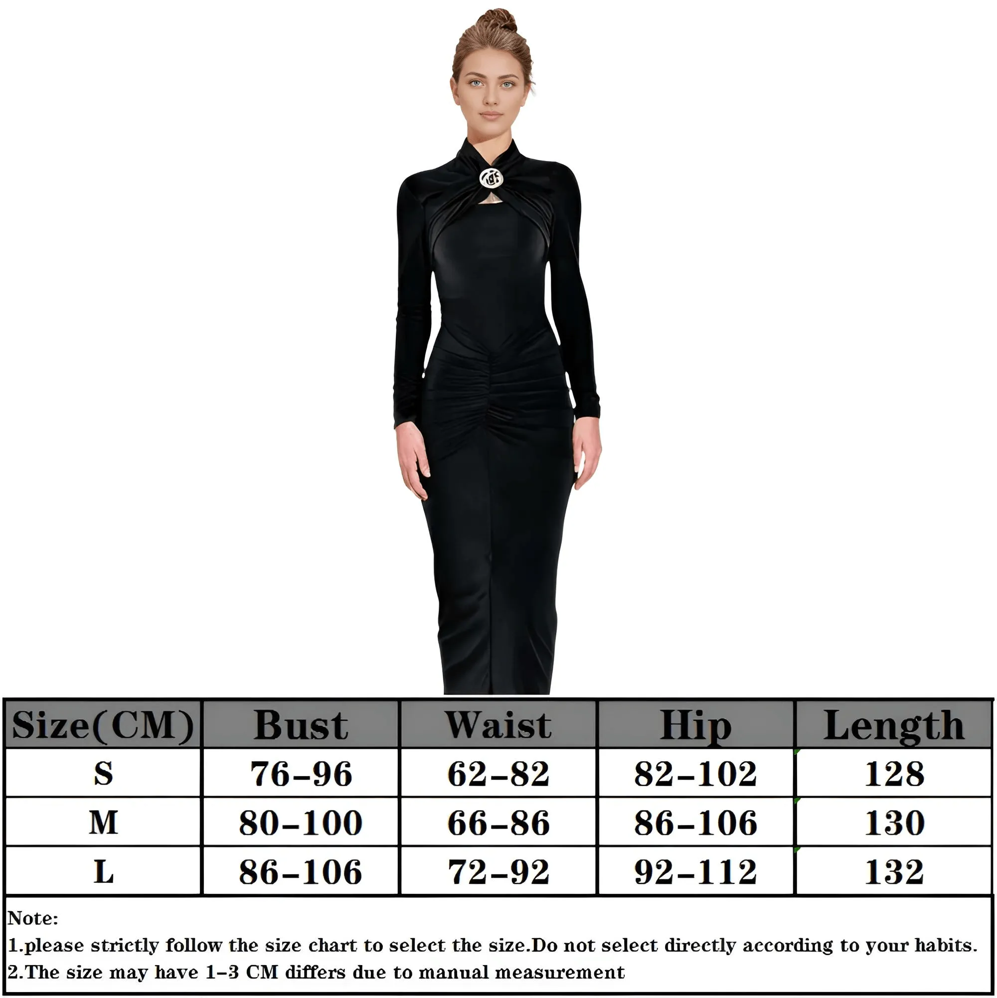 Sexy Long Sleeve Hollow Out Maxi Dress For Women Autumn Winter Metal Buckle Ruched Slit Long Dress Elegant