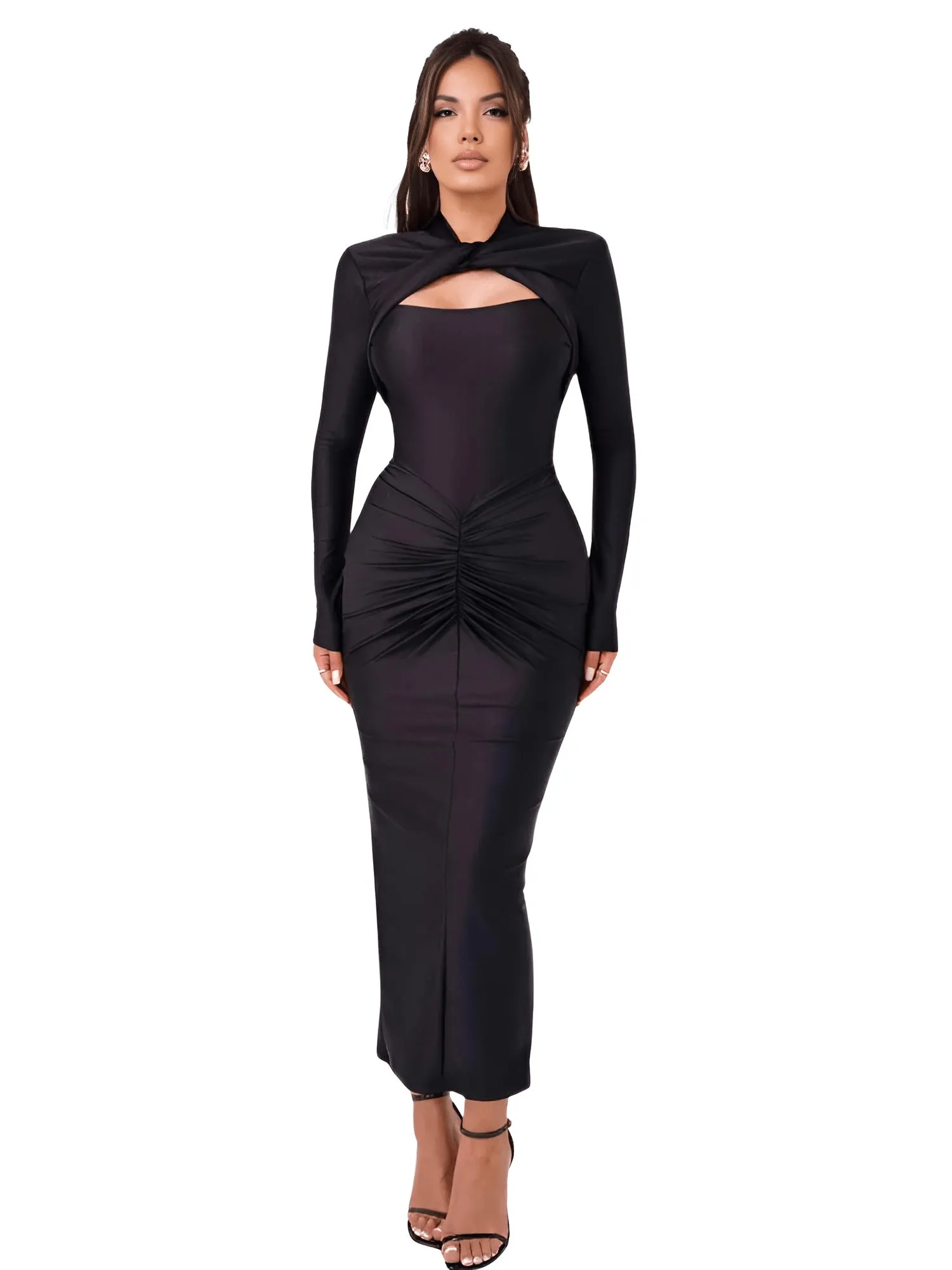 Sexy Long Sleeve Hollow Out Maxi Dress For Women Autumn Winter Metal Buckle Ruched Slit Long Dress Elegant