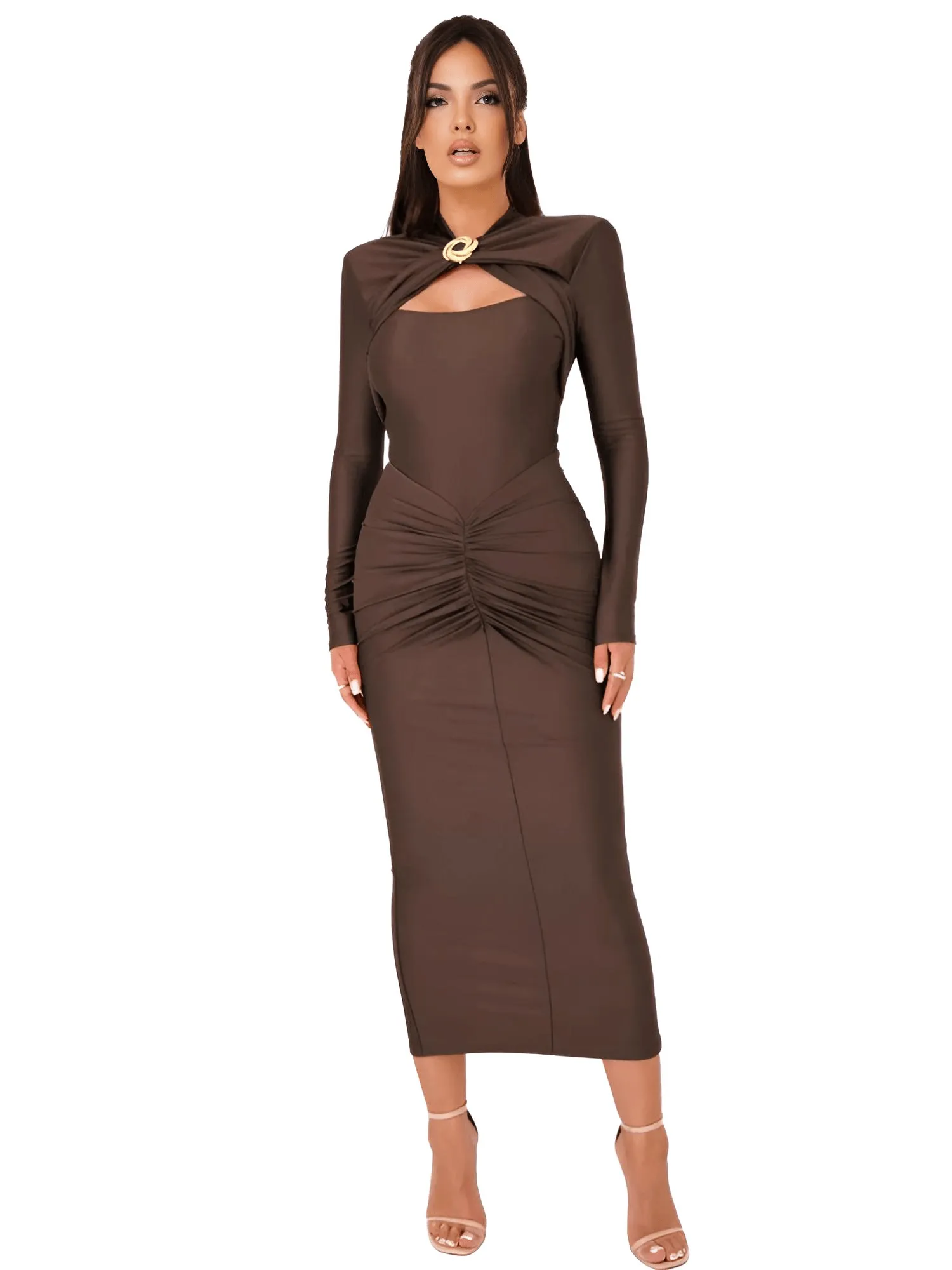 Sexy Long Sleeve Hollow Out Maxi Dress For Women Autumn Winter Metal Buckle Ruched Slit Long Dress Elegant