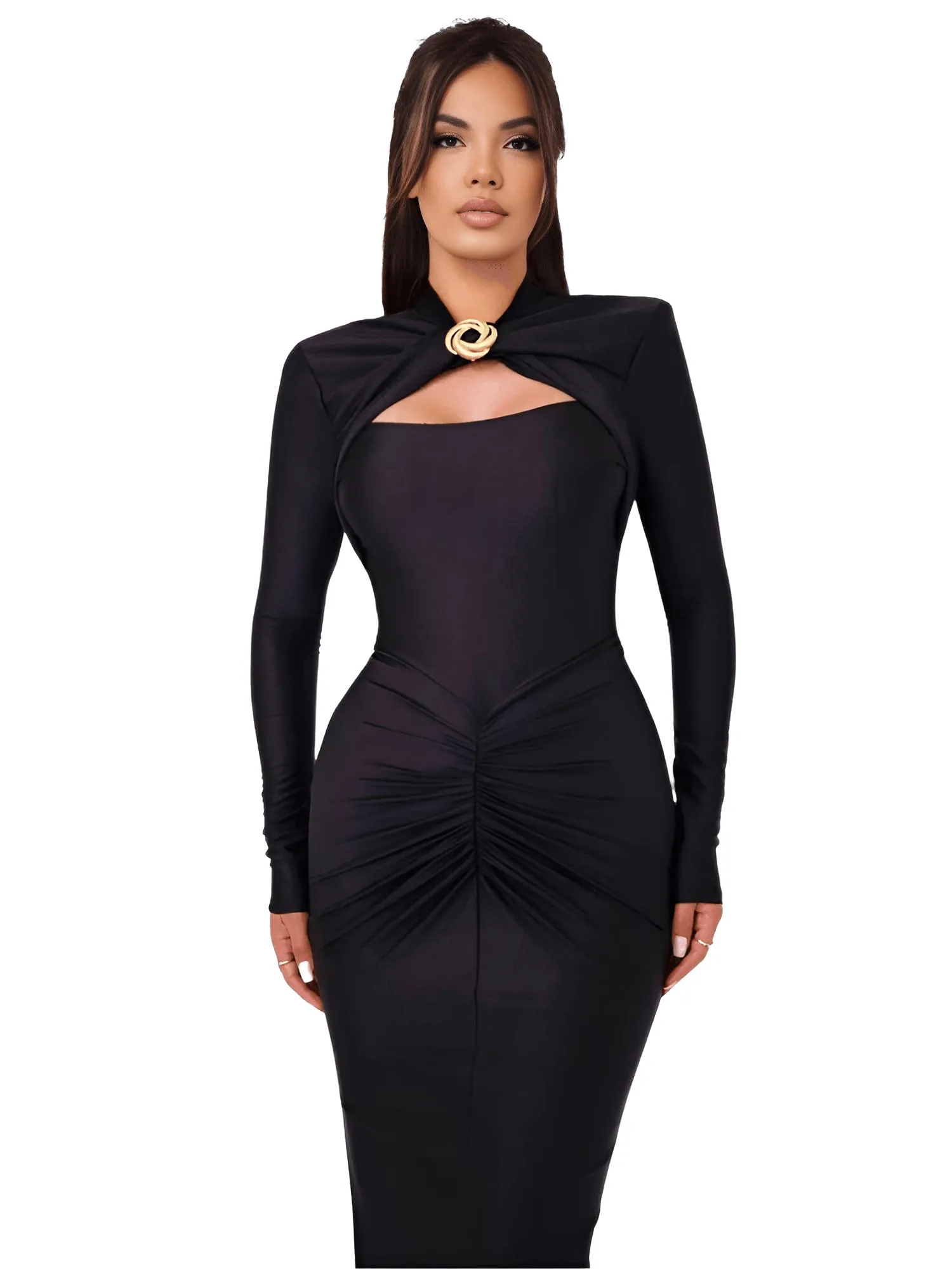 Sexy Long Sleeve Hollow Out Maxi Dress For Women Autumn Winter Metal Buckle Ruched Slit Long Dress Elegant