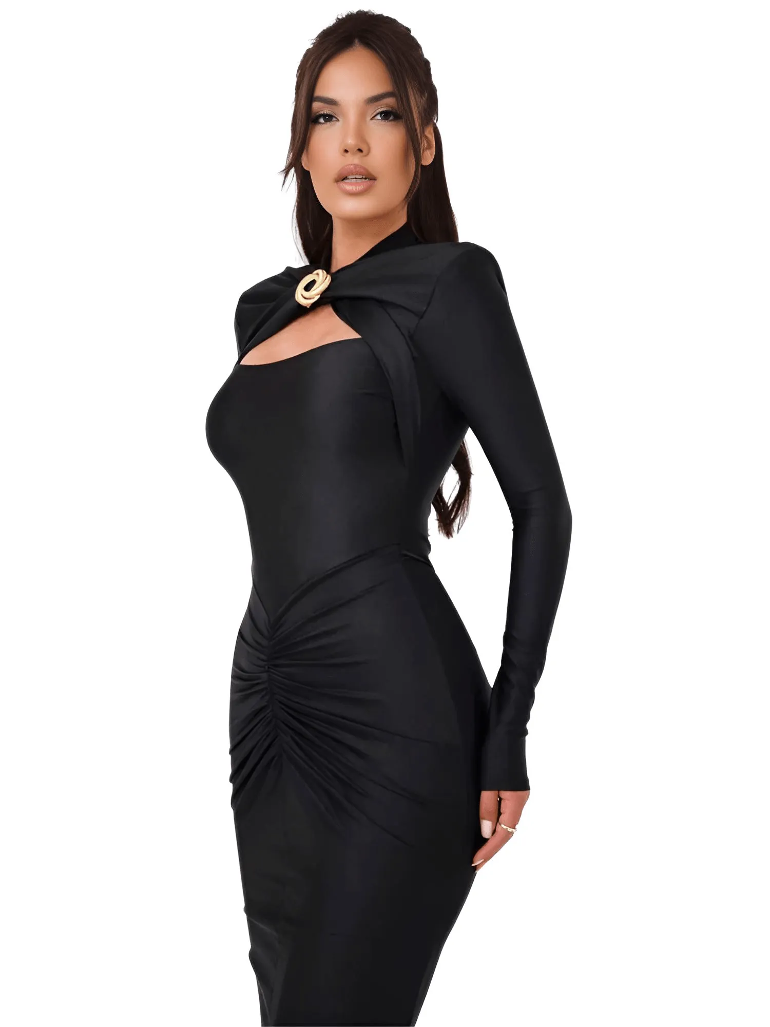 Sexy Long Sleeve Hollow Out Maxi Dress For Women Autumn Winter Metal Buckle Ruched Slit Long Dress Elegant