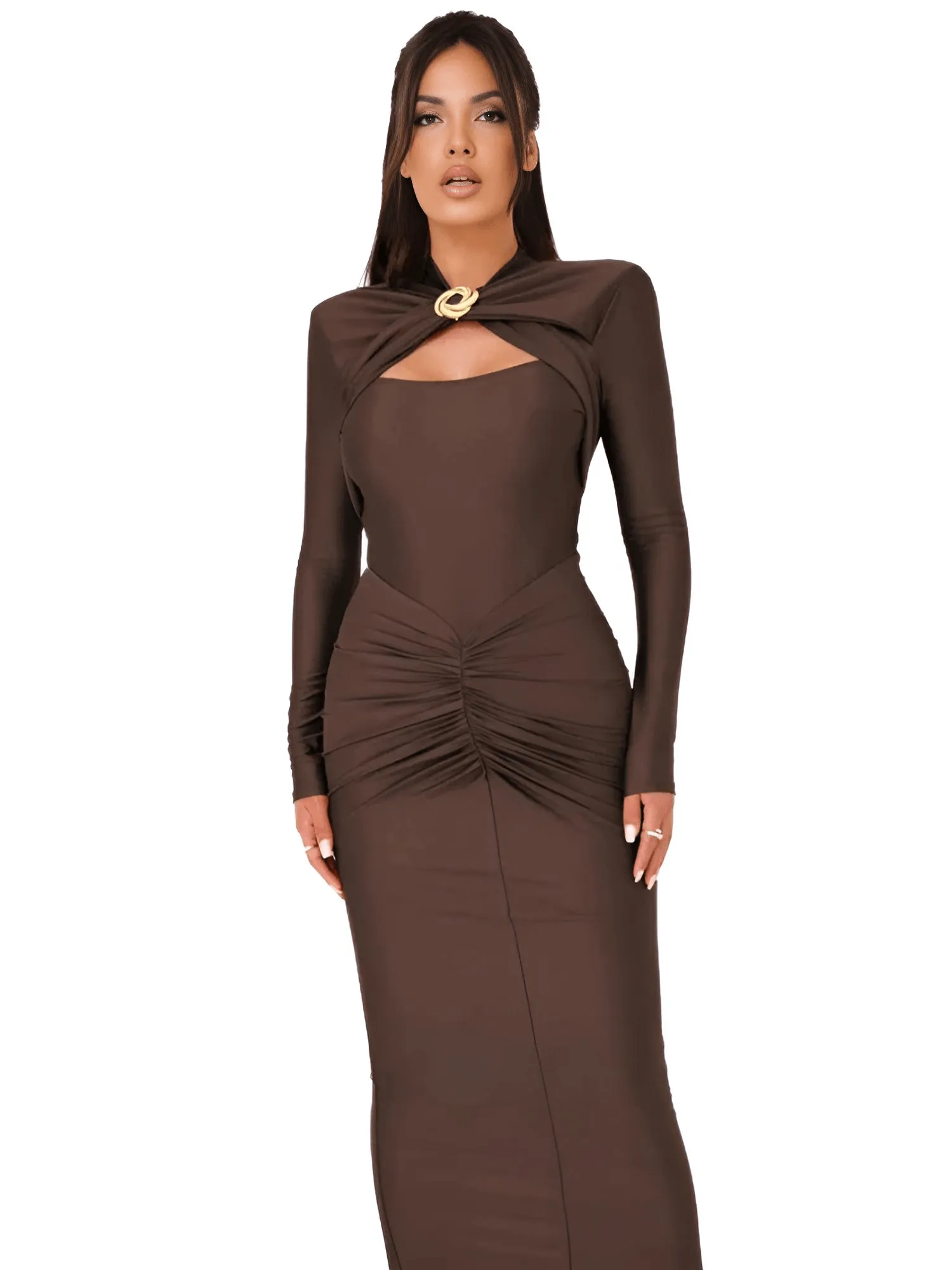 Sexy Long Sleeve Hollow Out Maxi Dress For Women Autumn Winter Metal Buckle Ruched Slit Long Dress Elegant