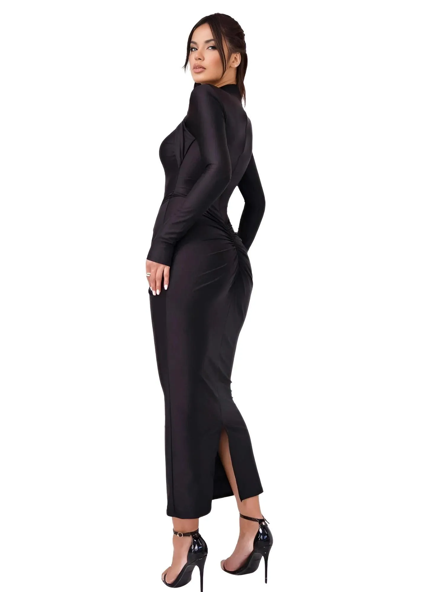 Sexy Long Sleeve Hollow Out Maxi Dress For Women Autumn Winter Metal Buckle Ruched Slit Long Dress Elegant