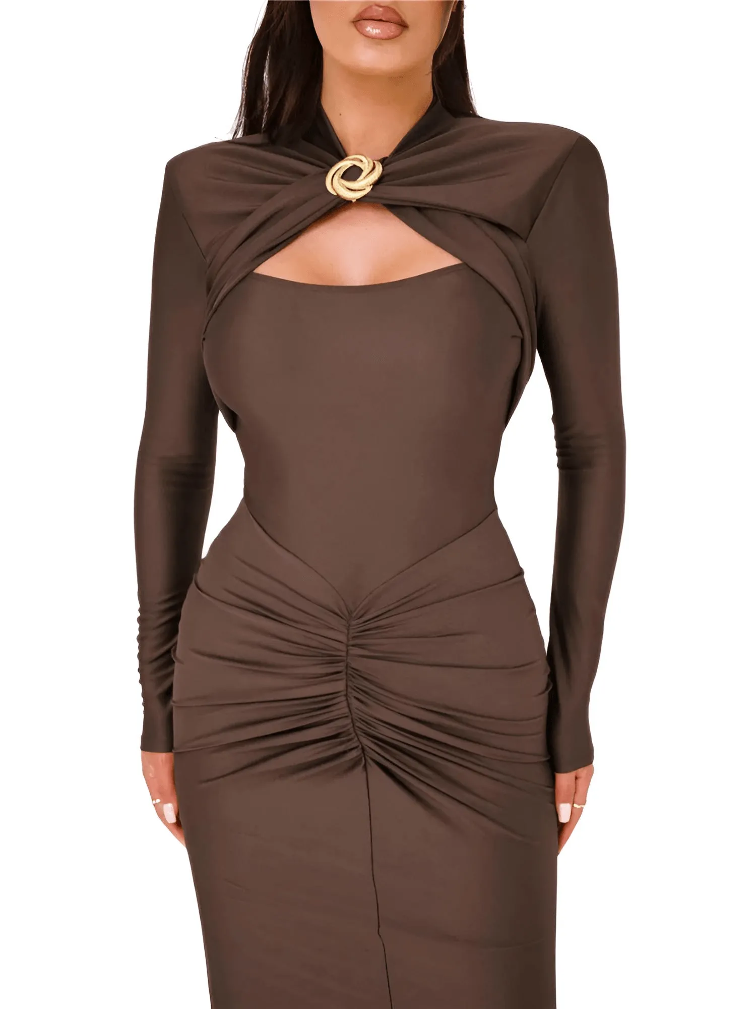 Sexy Long Sleeve Hollow Out Maxi Dress For Women Autumn Winter Metal Buckle Ruched Slit Long Dress Elegant