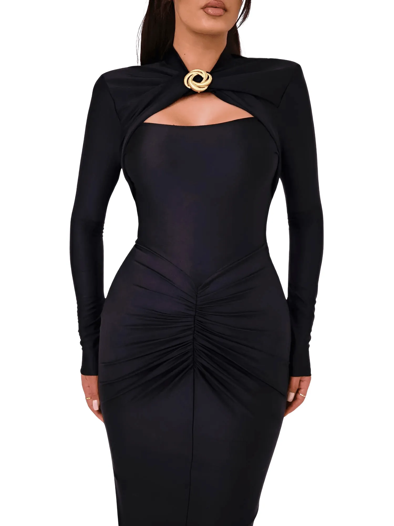 Sexy Long Sleeve Hollow Out Maxi Dress For Women Autumn Winter Metal Buckle Ruched Slit Long Dress Elegant