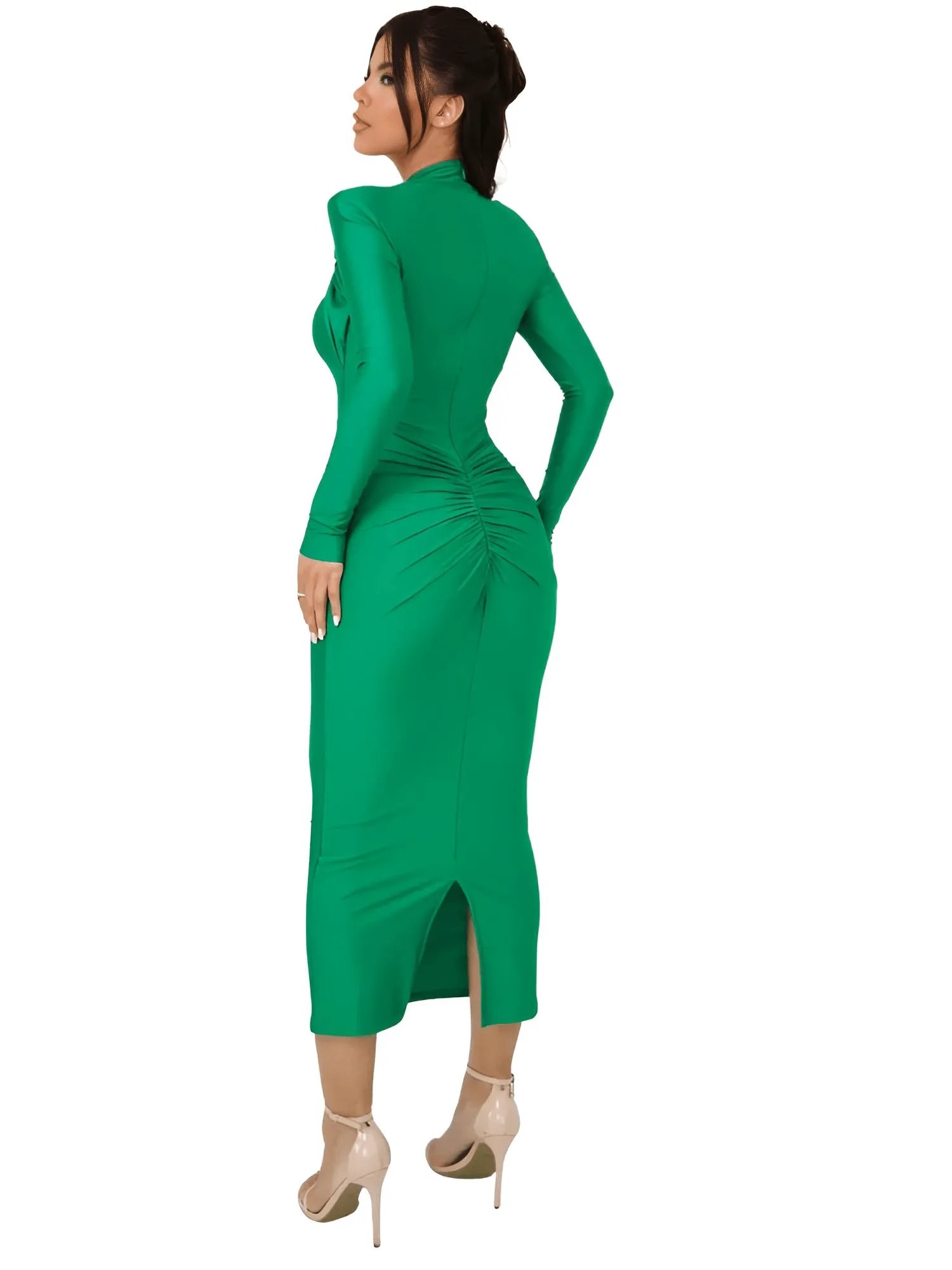 Sexy Long Sleeve Hollow Out Maxi Dress For Women Autumn Winter Metal Buckle Ruched Slit Long Dress Elegant