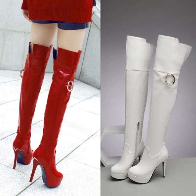 Shiny Black Unisex Platform High Heel Round Toe Knee Boots with Metal Ring