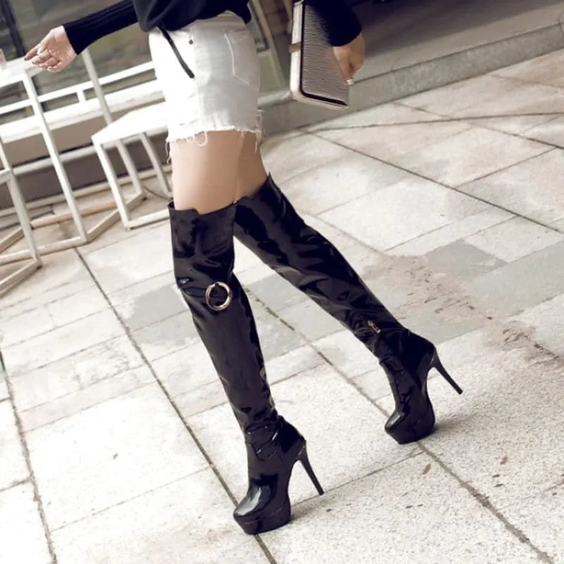 Shiny Black Unisex Platform High Heel Round Toe Knee Boots with Metal Ring