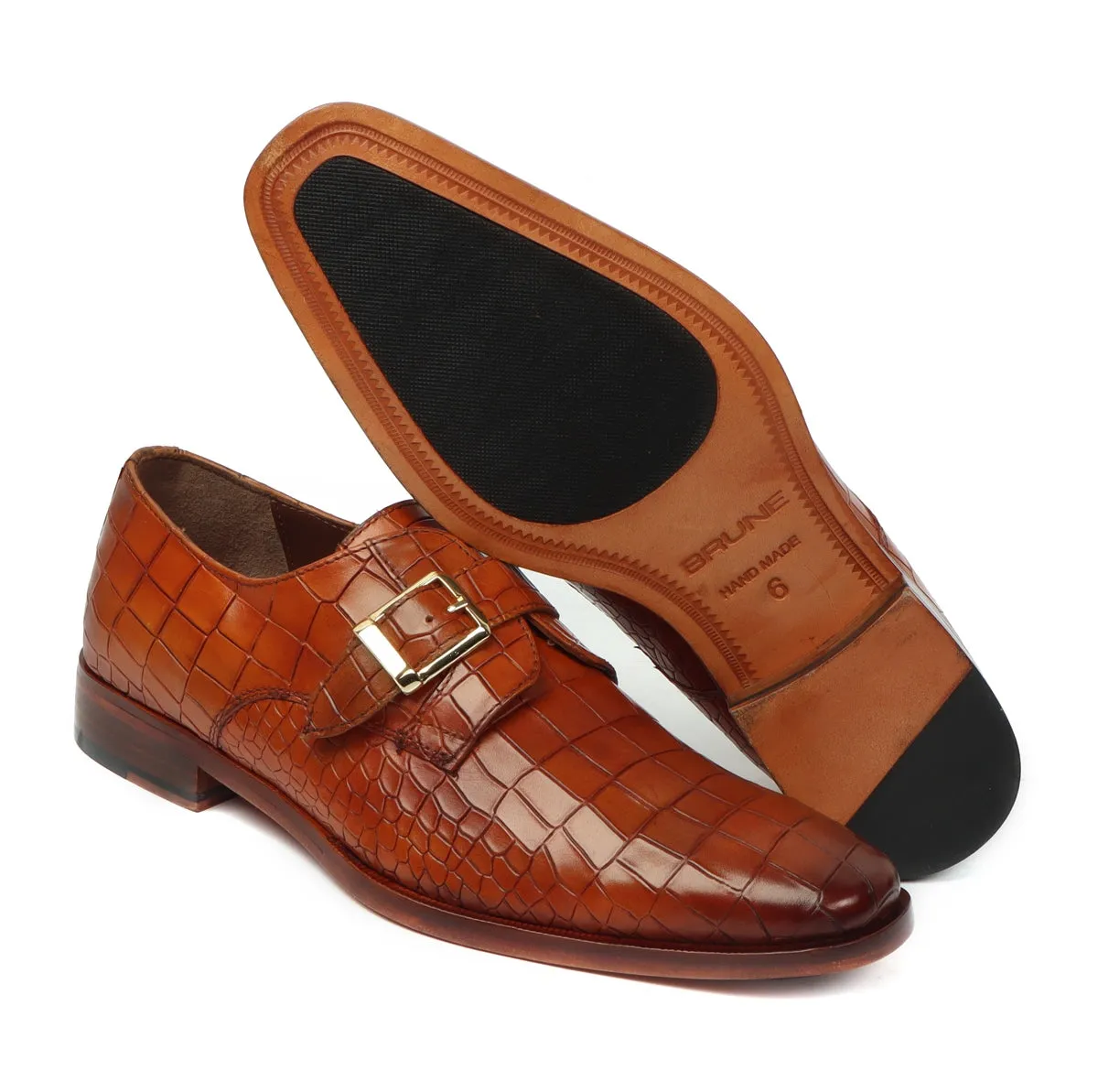 Slant Toe Formal Shoes With Derby Monk Strap Full Deep Cut Texture Leather