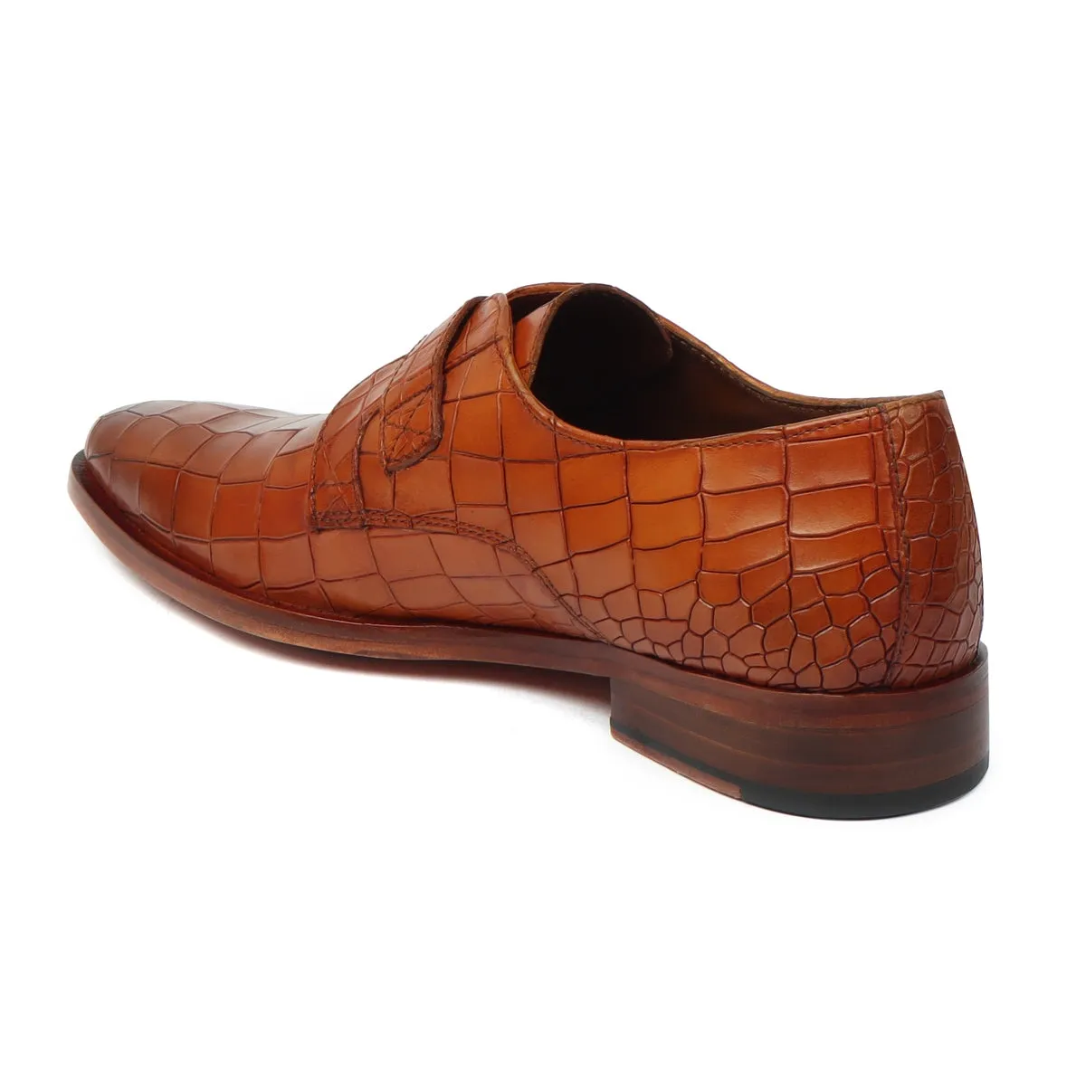 Slant Toe Formal Shoes With Derby Monk Strap Full Deep Cut Texture Leather