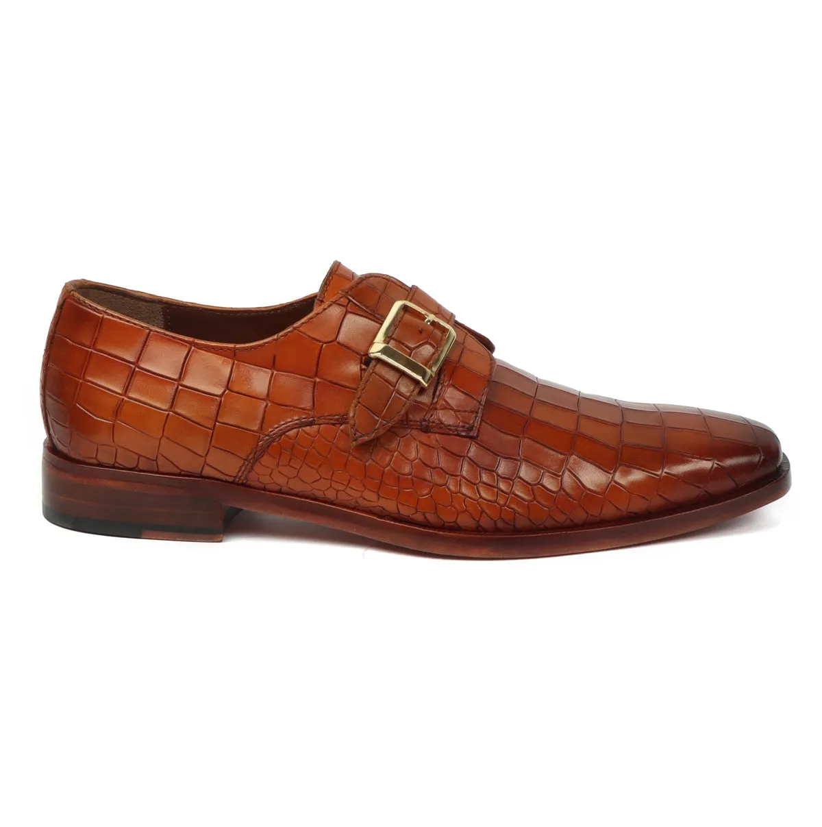 Slant Toe Formal Shoes With Derby Monk Strap Full Deep Cut Texture Leather