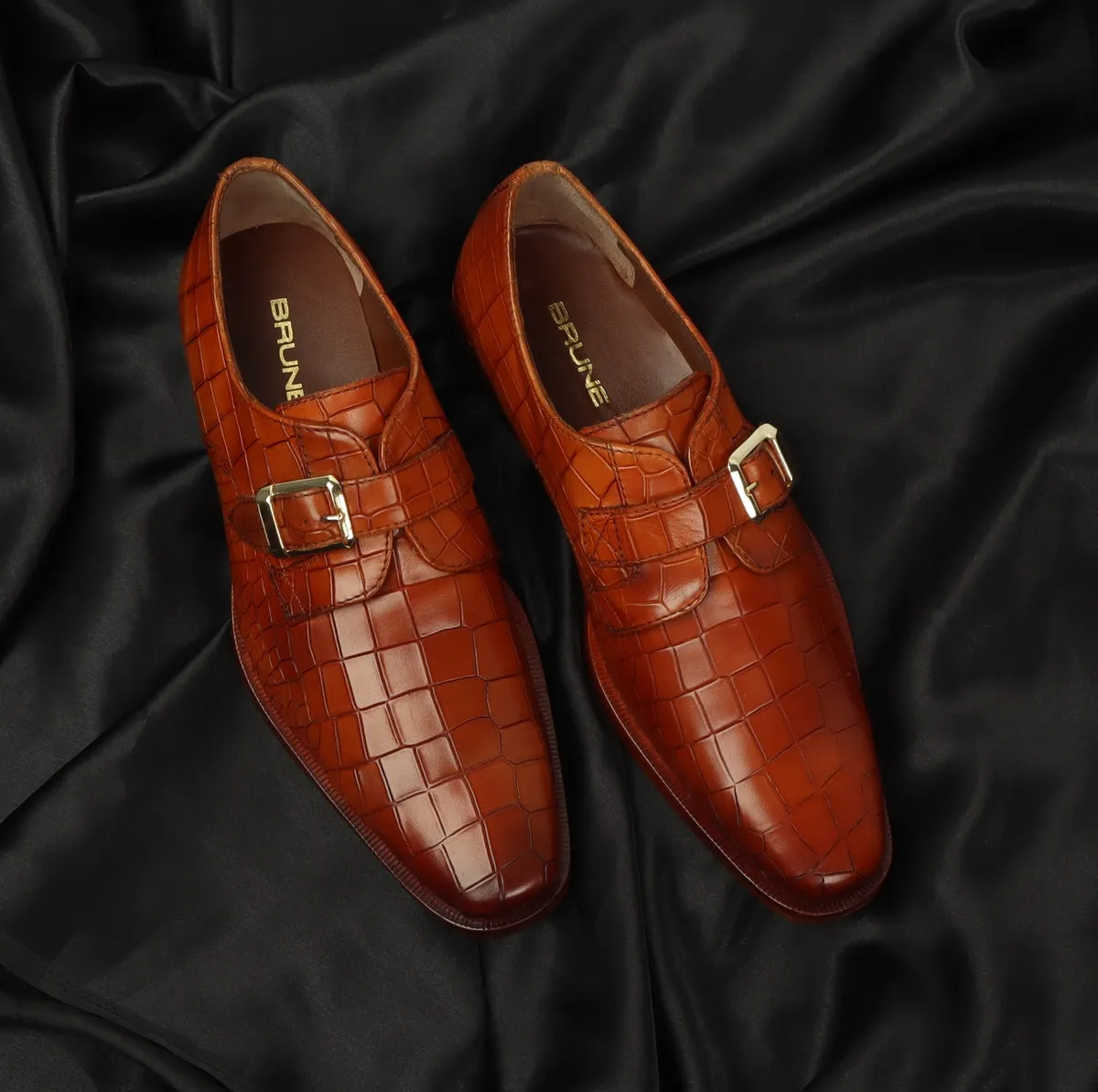 Slant Toe Formal Shoes With Derby Monk Strap Full Deep Cut Texture Leather