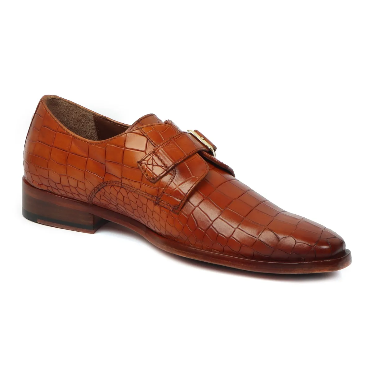 Slant Toe Formal Shoes With Derby Monk Strap Full Deep Cut Texture Leather