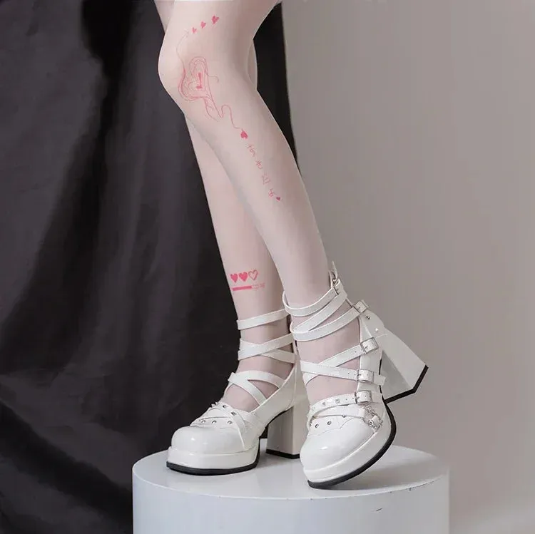 Sohiwoo Fashion Sweet Cute Punk Gothic Women High-Heeled Shoes Spring Autumn Y2K Mary Jane Leather Shoes Lolita High-End Strap Pumps