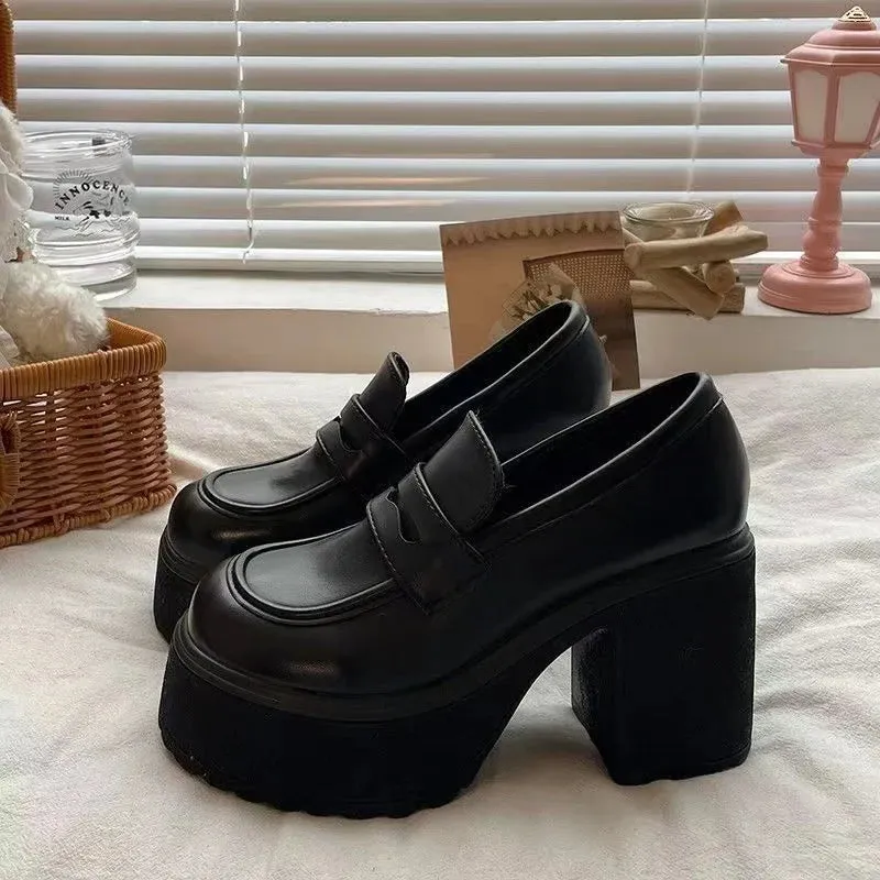 Sohiwoo High hell sole black small leather shoes PU round toe high heeled single shoes Small stature retro JK loafers single shoe