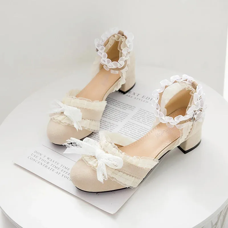 Sohiwoo Lolita tea party shoes spring and summer lace sandals female thick with fairy style student shoes  bow round head thick shoes