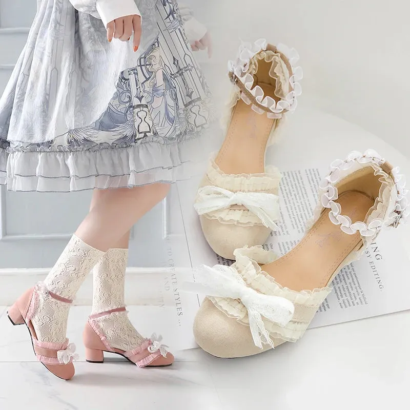 Sohiwoo Lolita tea party shoes spring and summer lace sandals female thick with fairy style student shoes  bow round head thick shoes