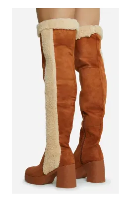 TOP TIER Tan Camel Faux Suede Faux Fur Thigh High Boot - Half Zipper Closure