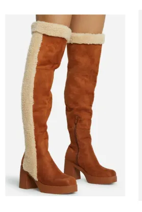 TOP TIER Tan Camel Faux Suede Faux Fur Thigh High Boot - Half Zipper Closure