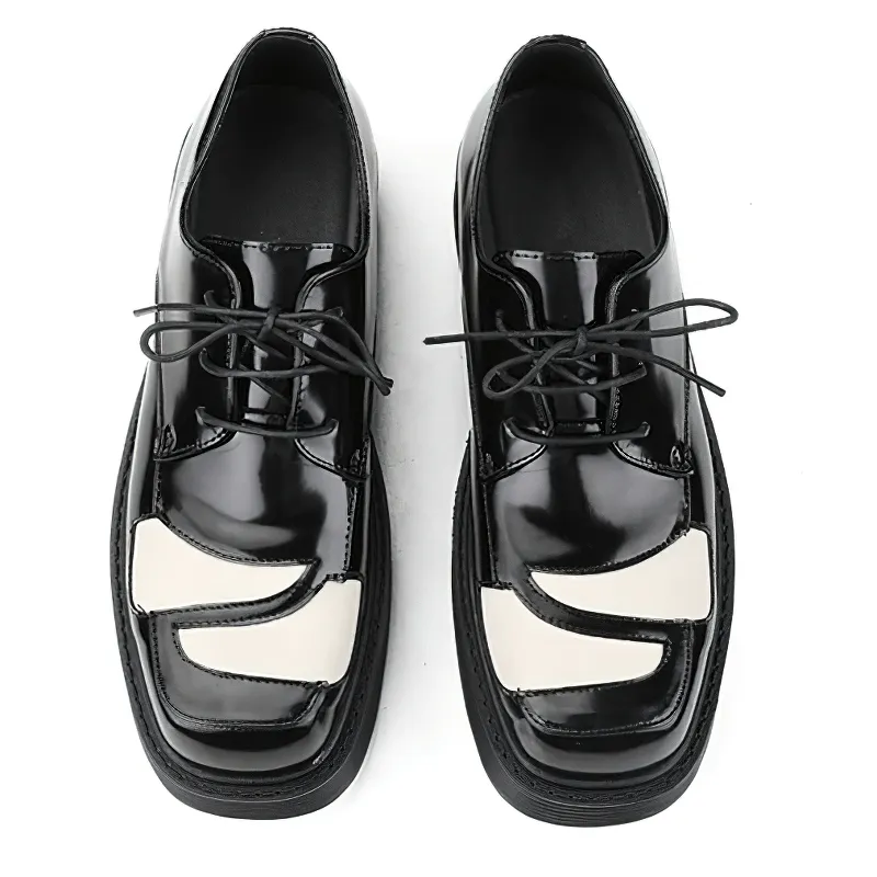 US SALE of Classical Black And White Square Toe Derby / Lace-Up Retro Shoes for Men