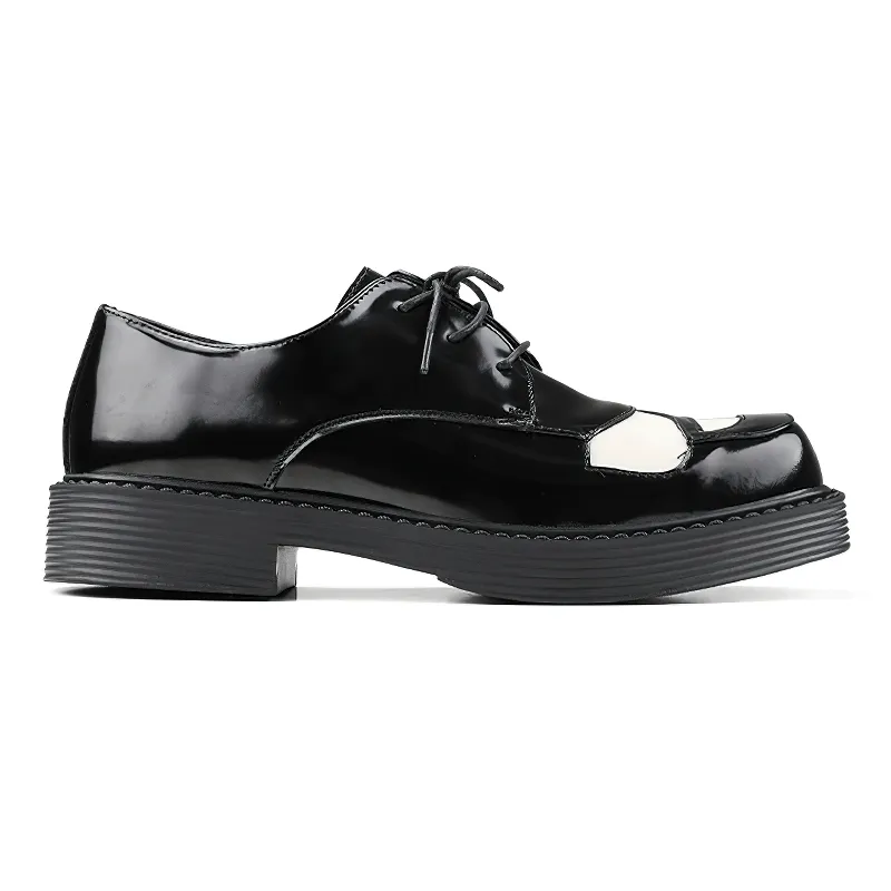 US SALE of Classical Black And White Square Toe Derby / Lace-Up Retro Shoes for Men