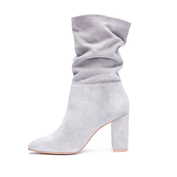 Vegan Suede Leather Slouch Kipper Boots - Cement