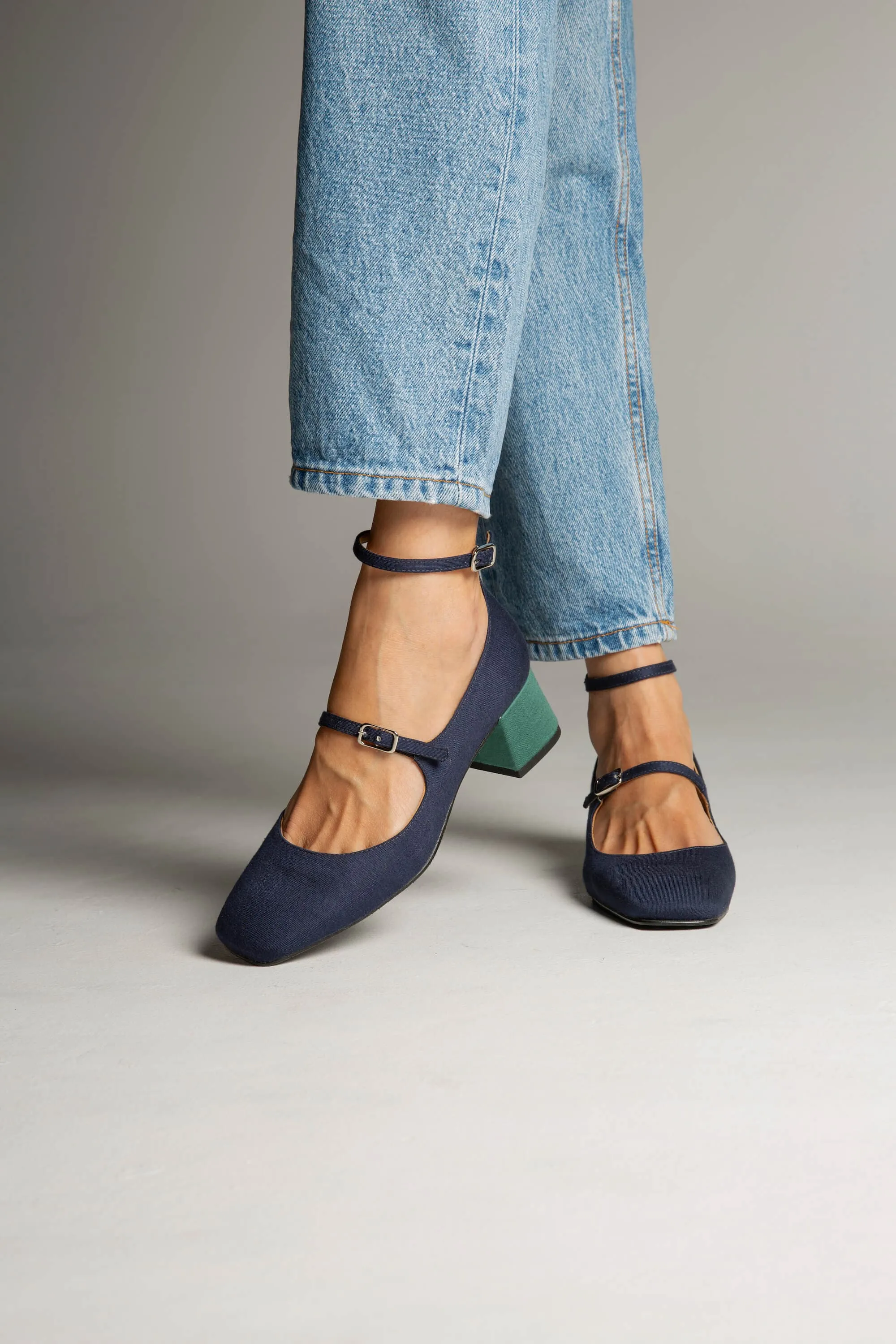 Vegan Suede Mid Heeled Pumps | Blue & Green