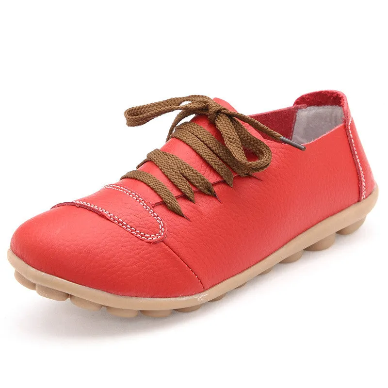 Women Genuine Leather Shoes Woman Hand Made Casual Shoes Fashion Lace up Round Toe Women Flats Soft Mother Shoes