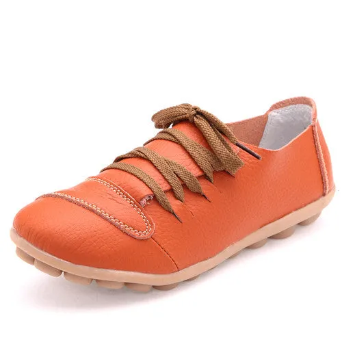 Women Genuine Leather Shoes Woman Hand Made Casual Shoes Fashion Lace up Round Toe Women Flats Soft Mother Shoes