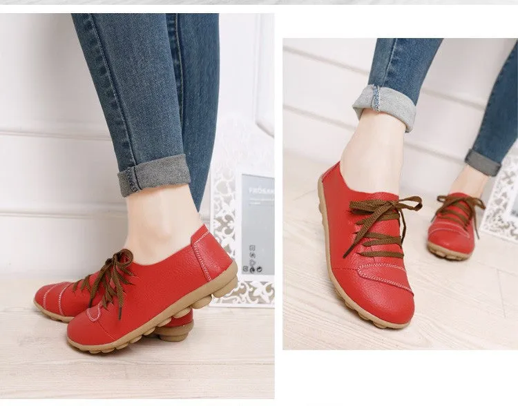 Women Genuine Leather Shoes Woman Hand Made Casual Shoes Fashion Lace up Round Toe Women Flats Soft Mother Shoes