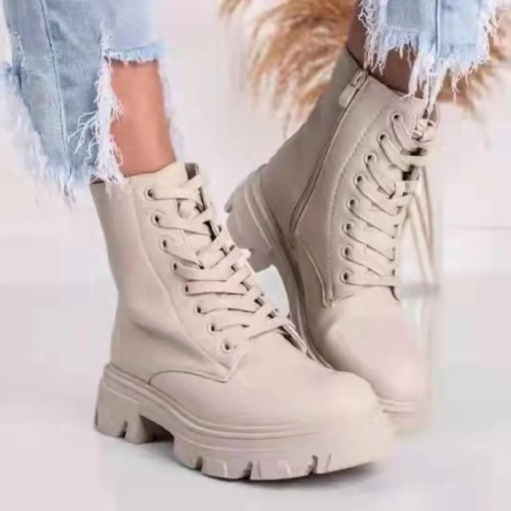 Women solid color lace up side zipper chunky platform boots