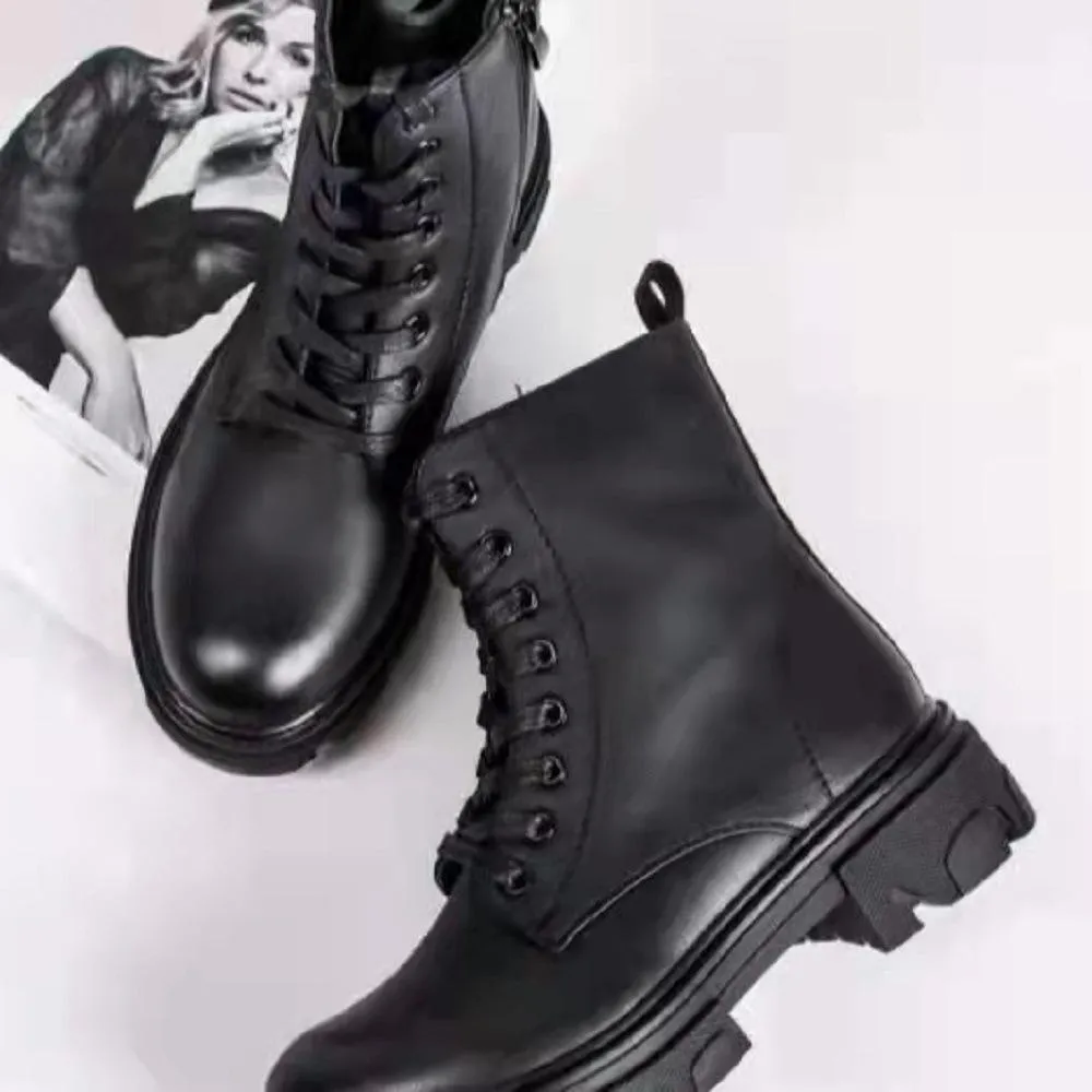 Women solid color lace up side zipper chunky platform boots