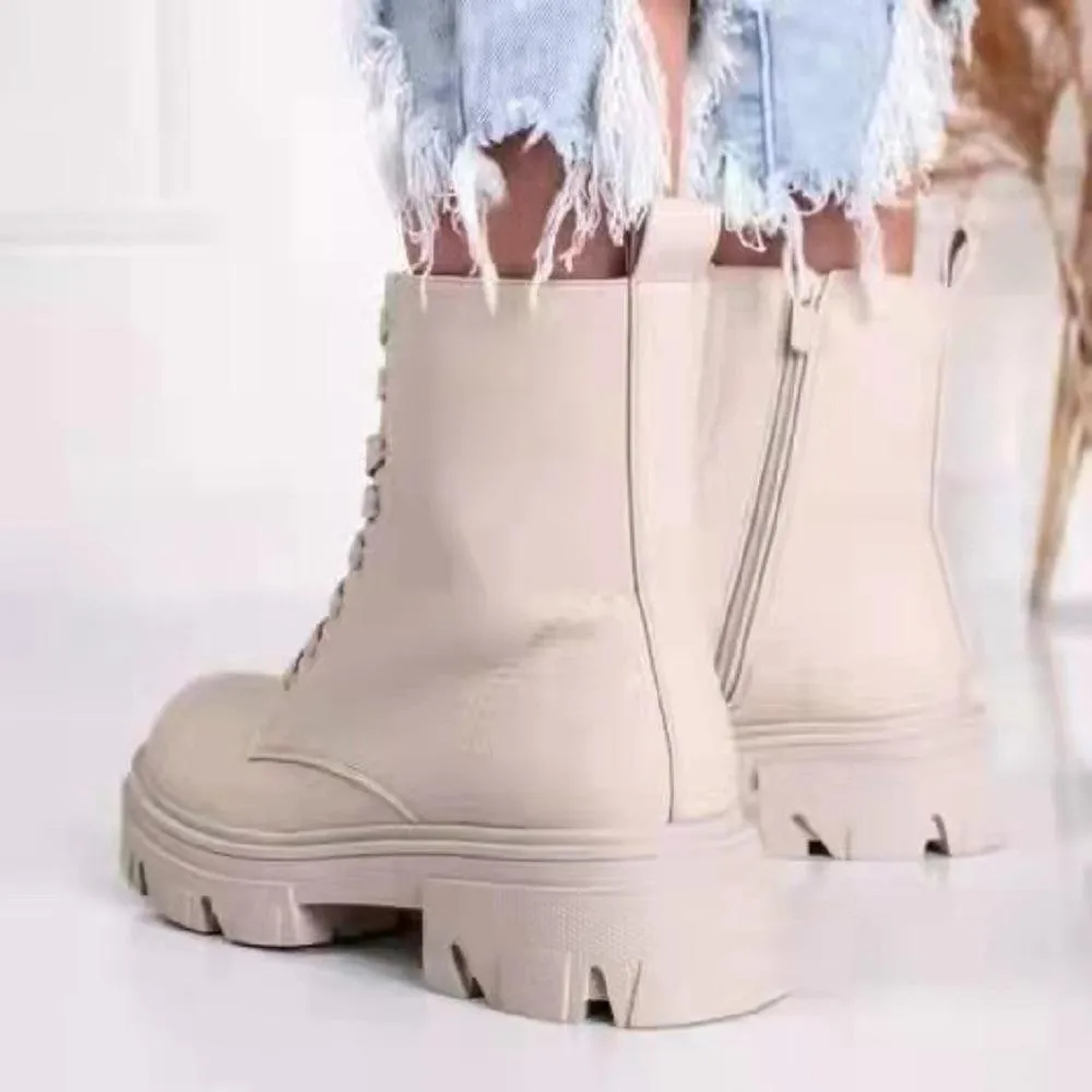 Women solid color lace up side zipper chunky platform boots