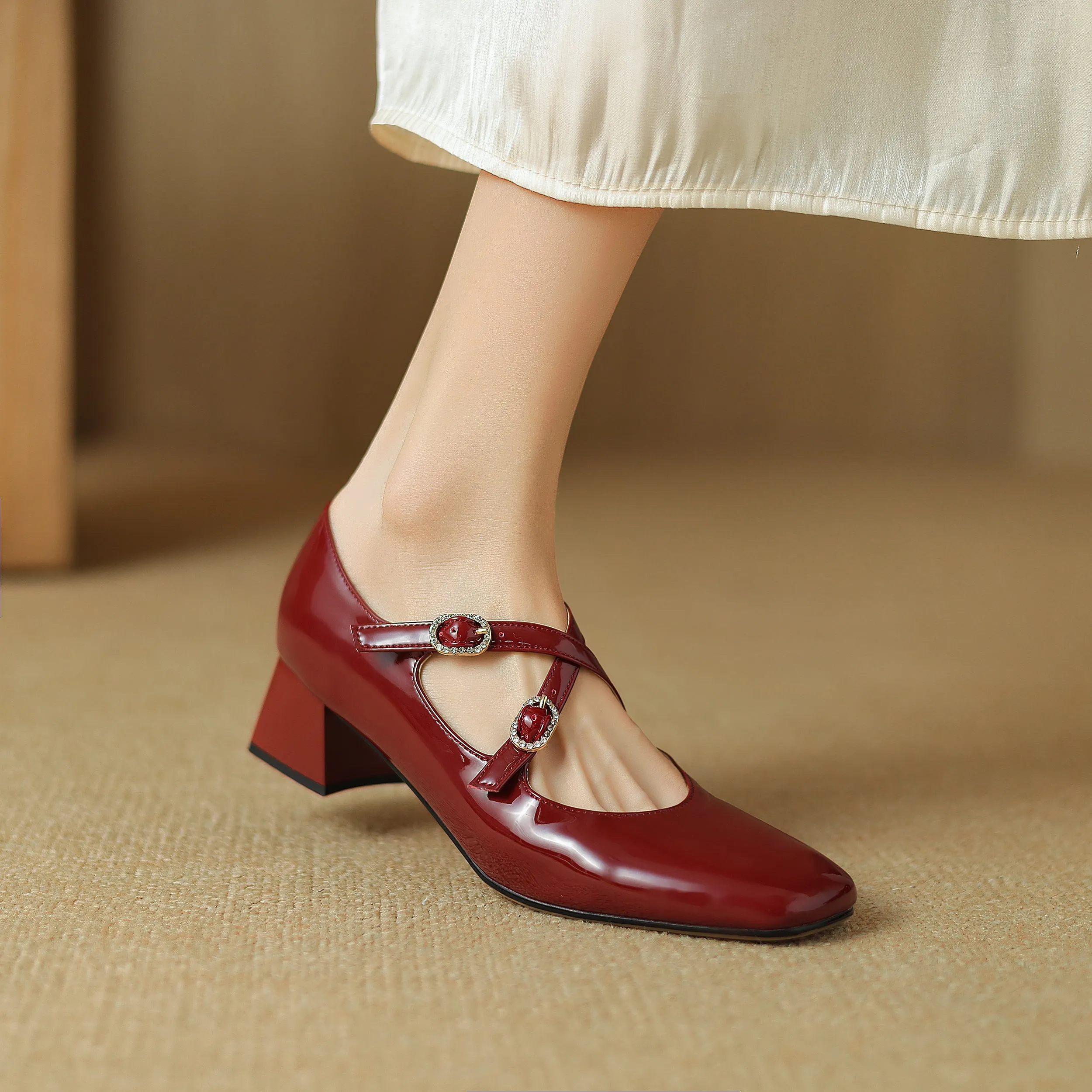 Women Square Toe Crossed Strap Mary Janes Pump Shoes