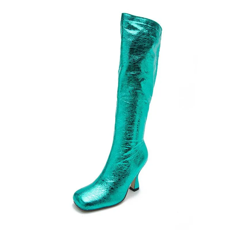 Women square toed sequin stiletto high heel knee high boots