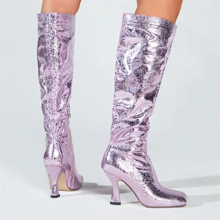 Women square toed sequin stiletto high heel knee high boots