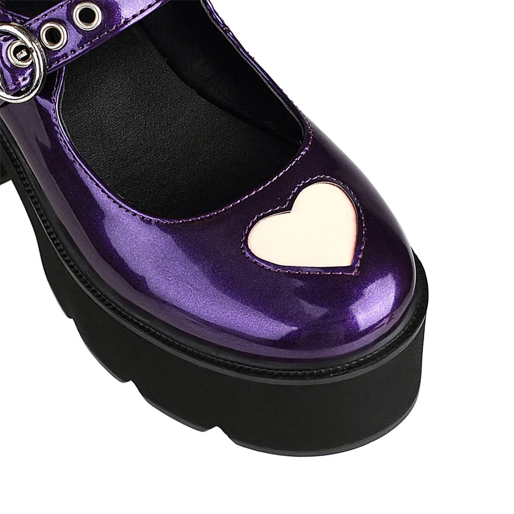 Womens Cute Heart Platform Buckle Mary Janes Shoes