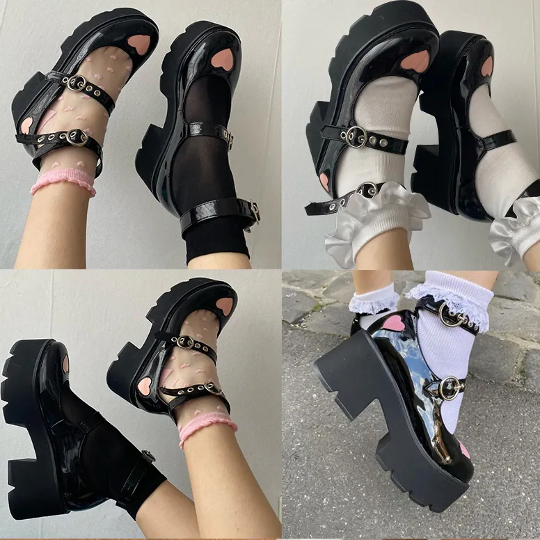 Womens Cute Heart Platform Buckle Mary Janes Shoes